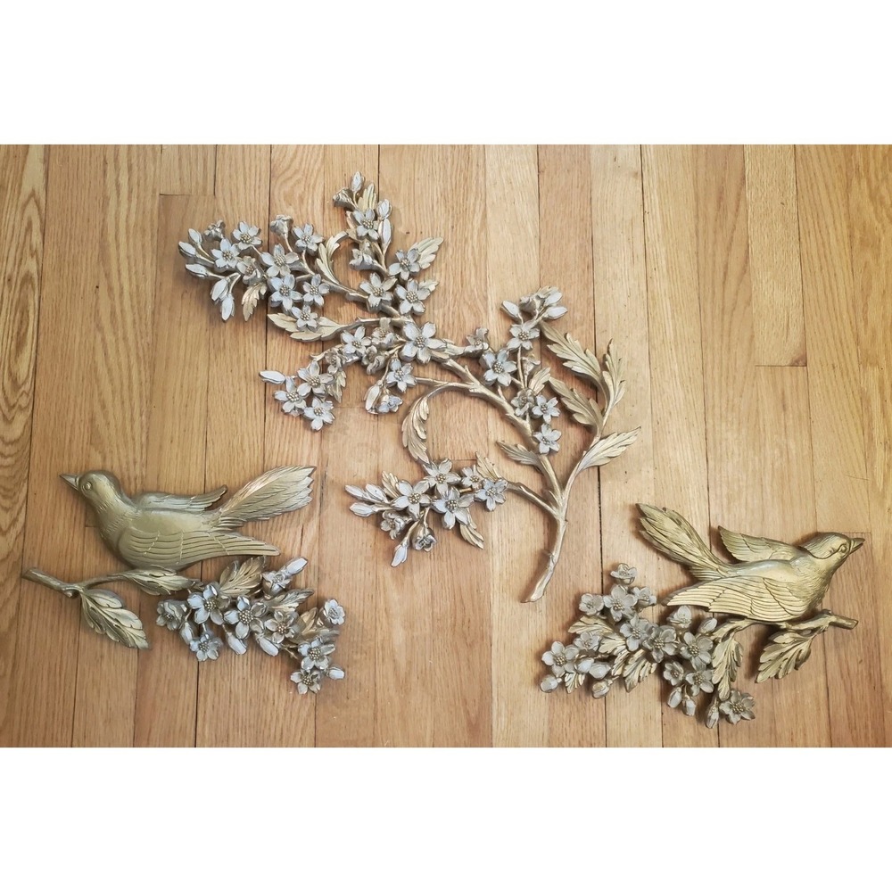 3pc Syroco Dart MCM Hollywood Regency Birds Dogwood Flower Branch Wall Plaques